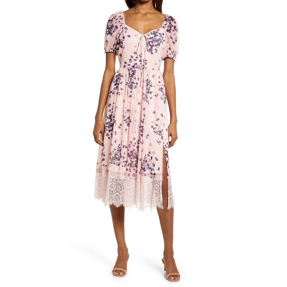 CHELSEA28 Pink Floral Metallic Tie Front Lace Hem Midi Dress Small
